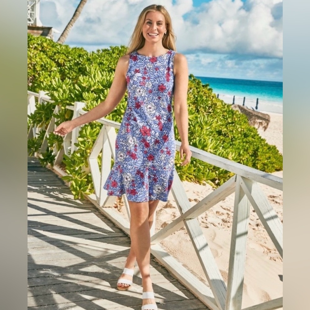 Tommy Bahama Darcy Geo Garden Flounce Dress Hibiscus‎ Preppy Golf Tennis Resort